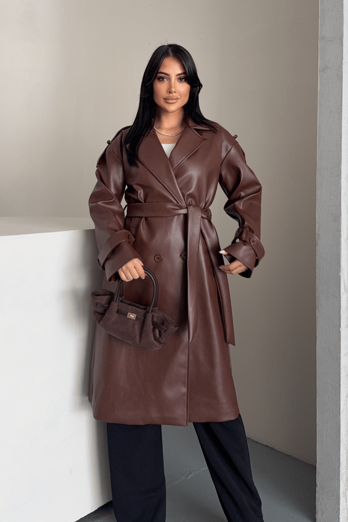 Suni Deri Kumaş Kısa Ceket - KOYU KAHVE