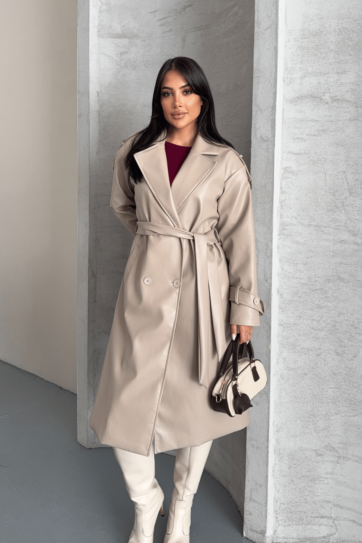 Suni Deri Kumaş Kısa Ceket - KREM