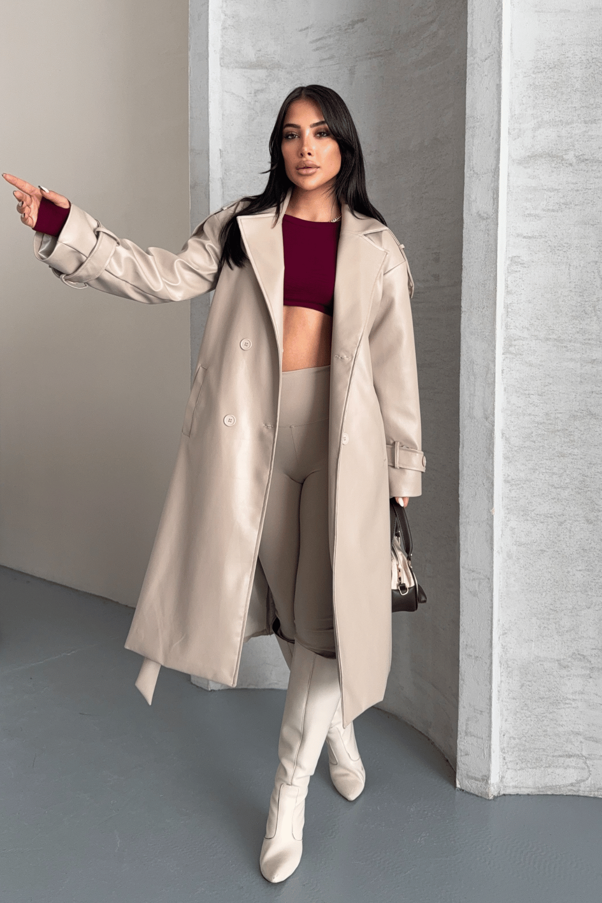 Suni Deri Kumaş Kısa Ceket - KREM