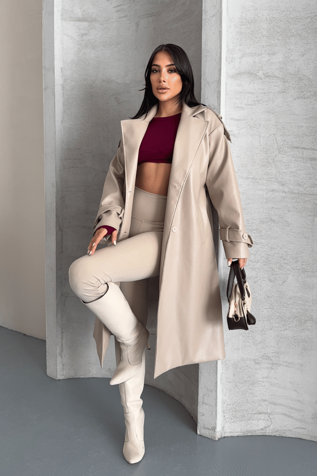 Suni Deri Kumaş Kısa Ceket - KREM