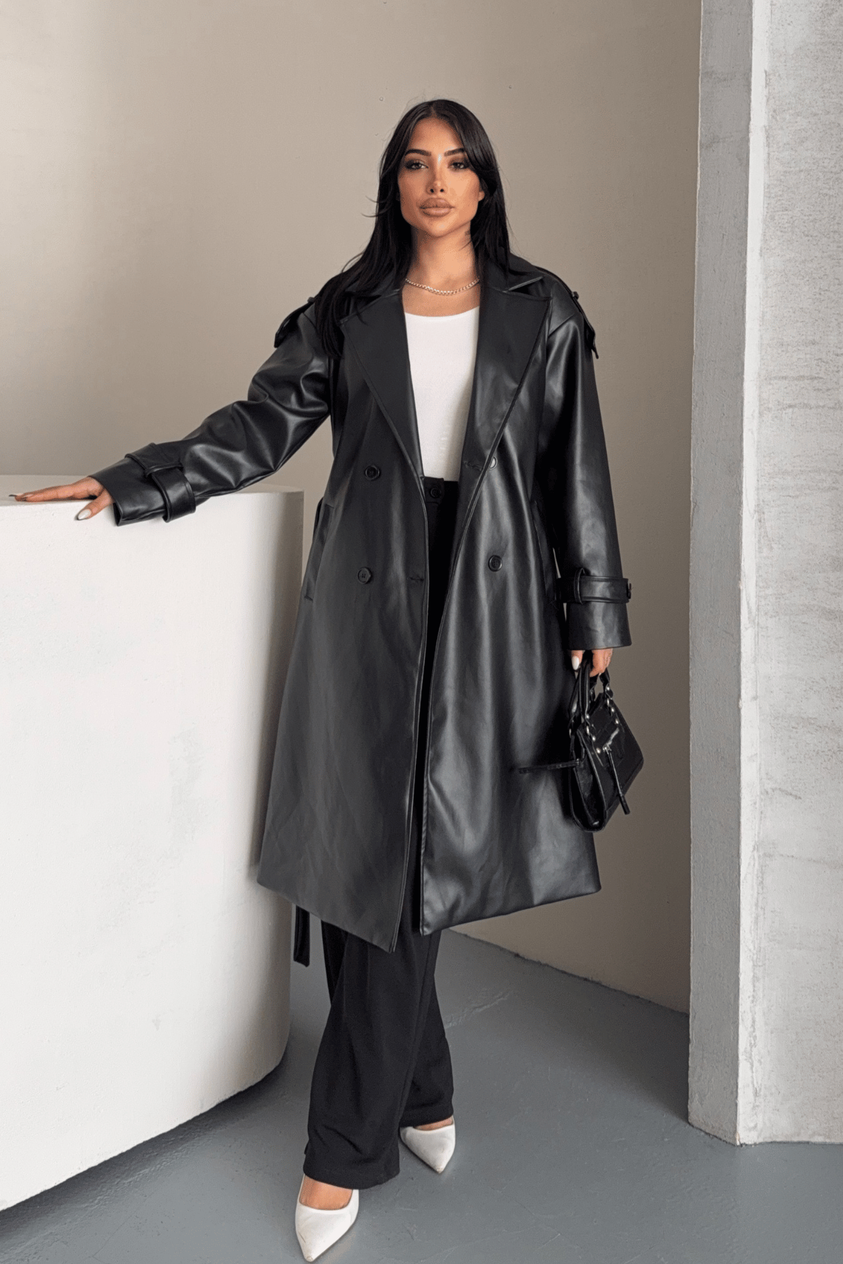 Suni Deri Kumaş Kısa Ceket - SİYAH