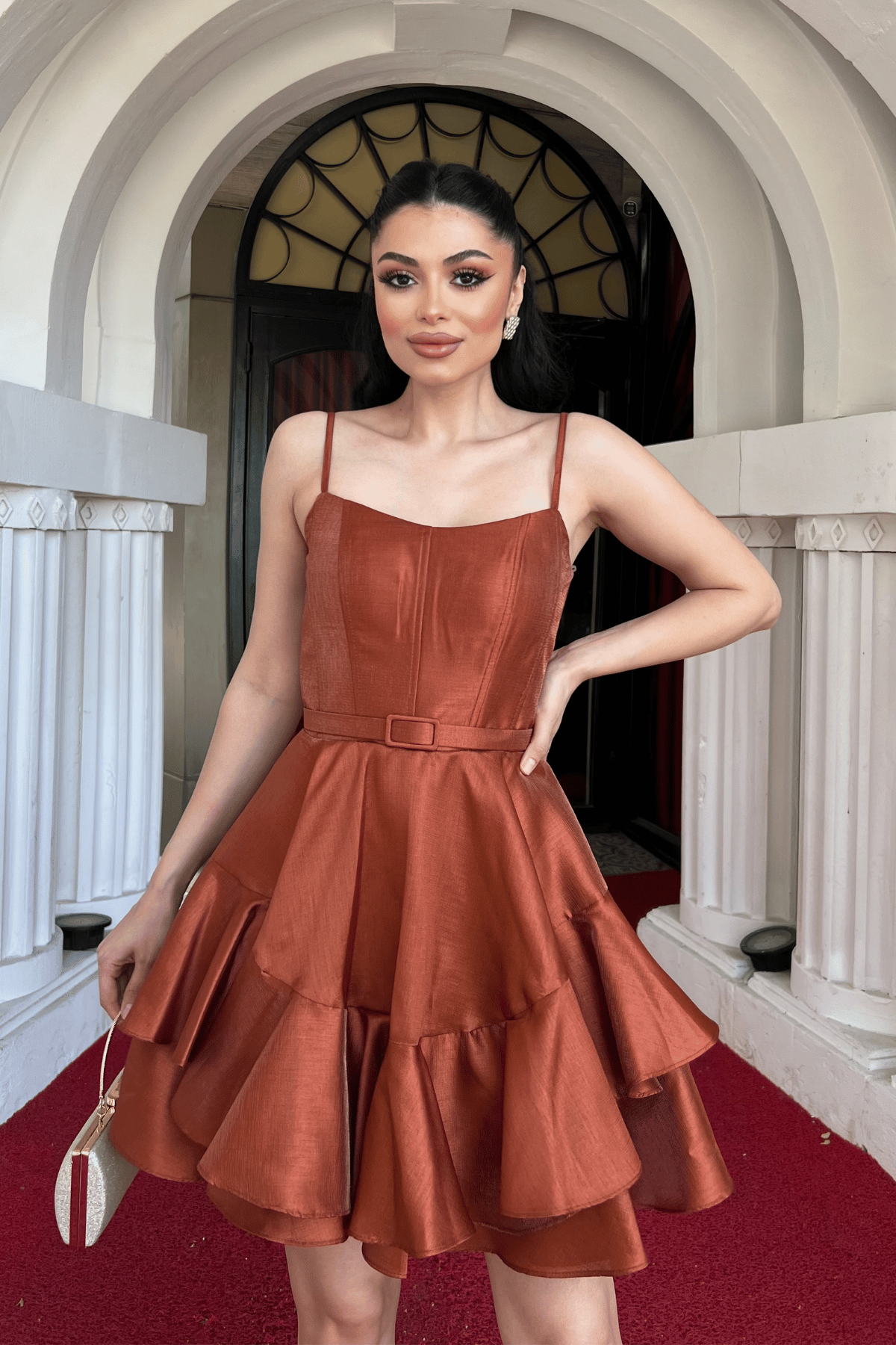 Tafta Saten Kumaş Mini Elbise - KİREMİT