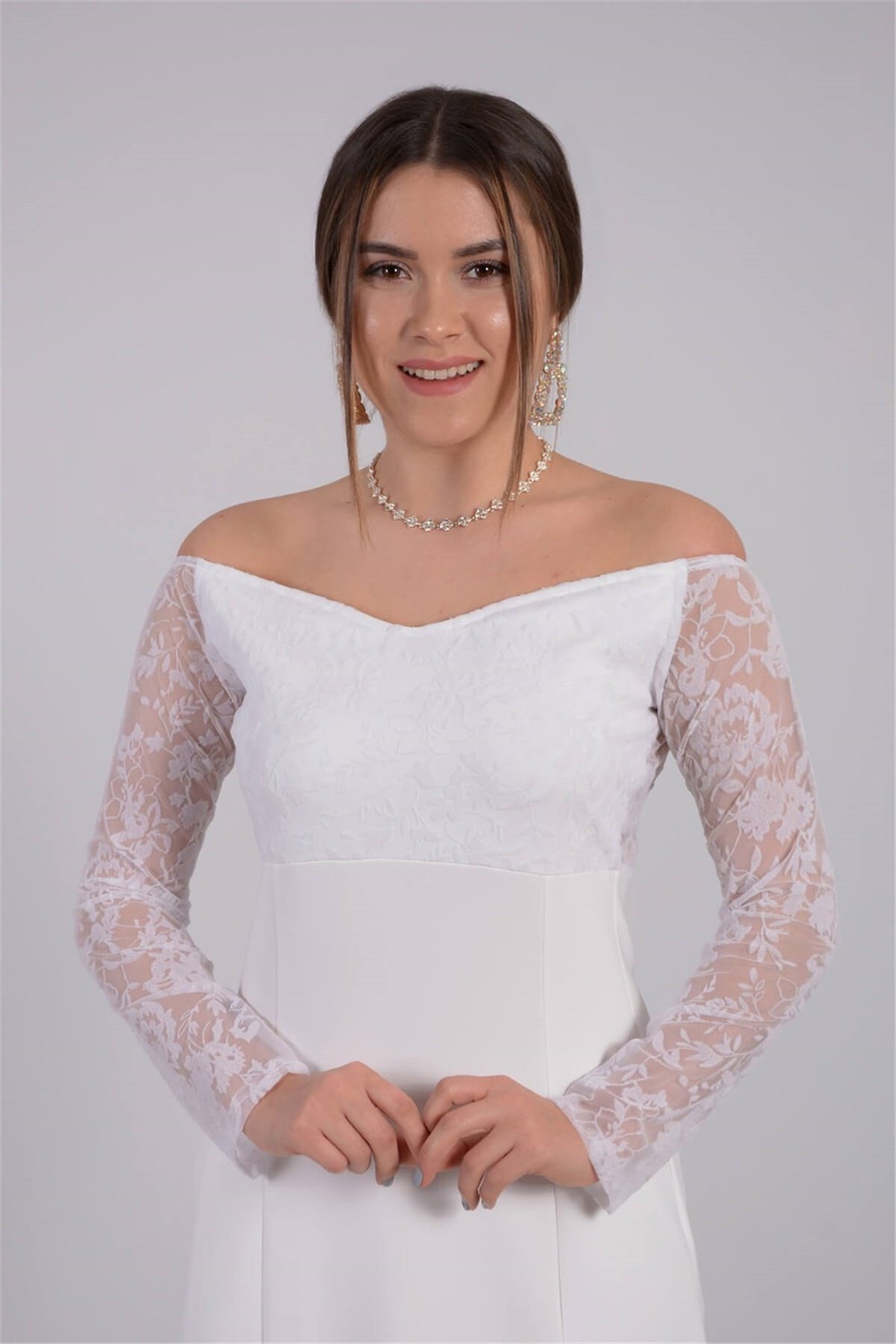 Tasarım Flok Dantel Elbise - Beyaz