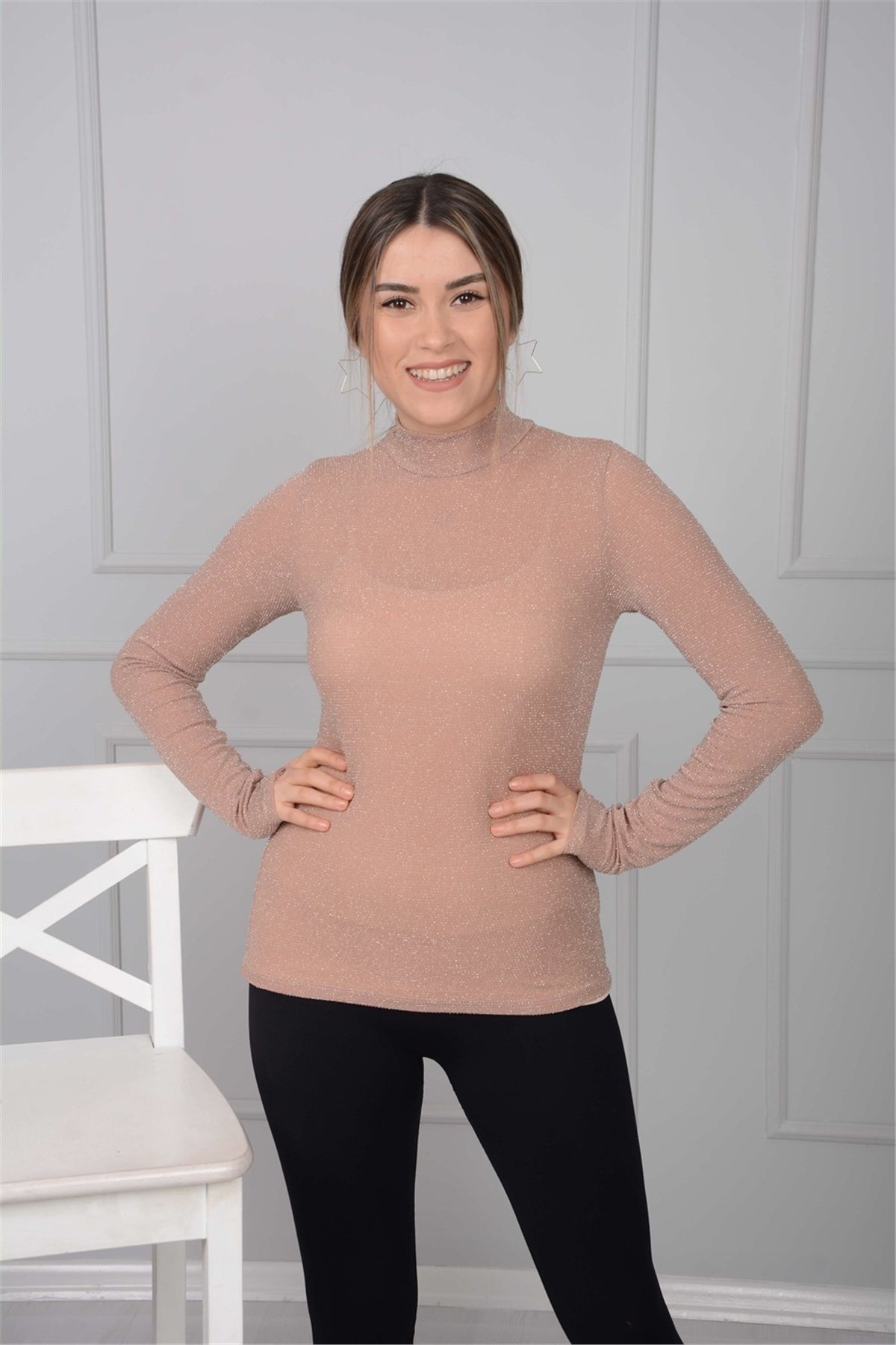 Taşlı Bluz - Pudra
