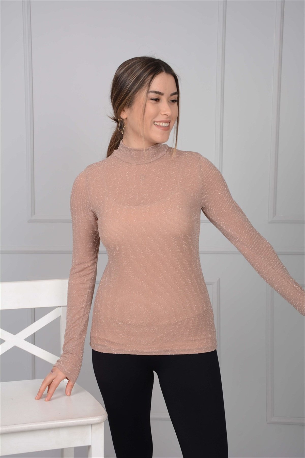 Taşlı Bluz - Pudra