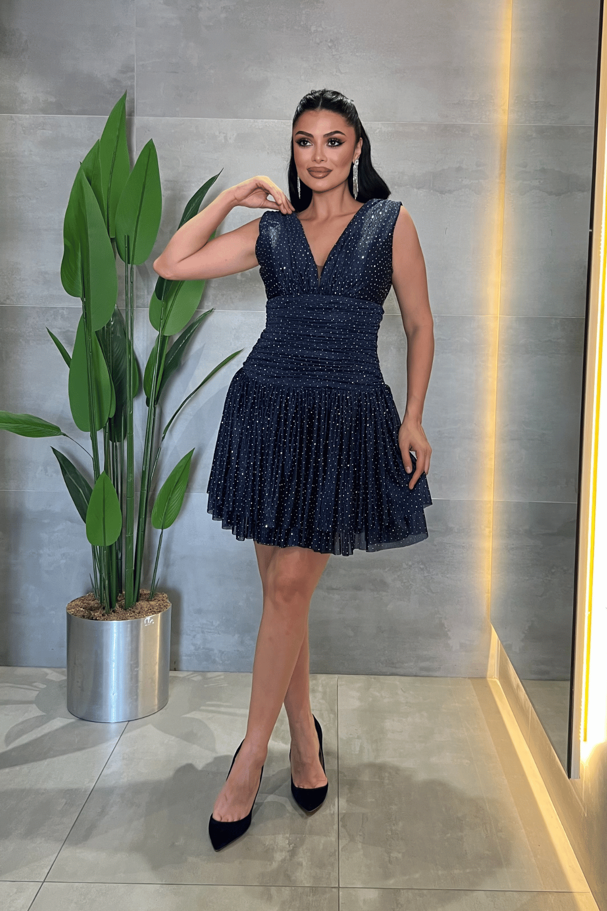 Taşlı Tül Kumaş Drape Detaylı Mini Elbise - LACİVERT