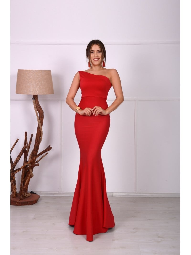 Tek Kol Balık Abiye Elbise - KIRMIZI