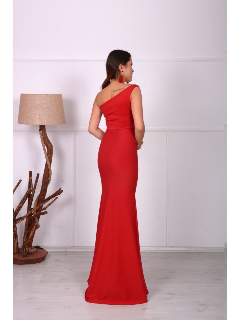Tek Kol Balık Abiye Elbise - KIRMIZI