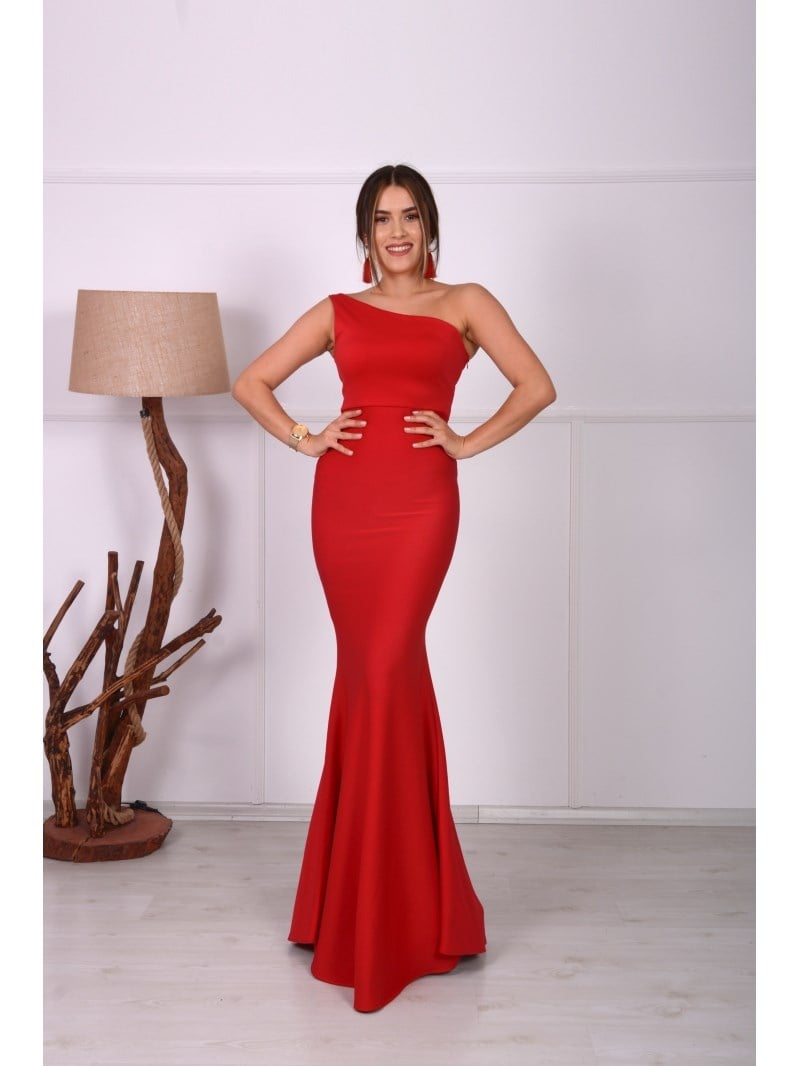 Tek Kol Balık Abiye Elbise - KIRMIZI