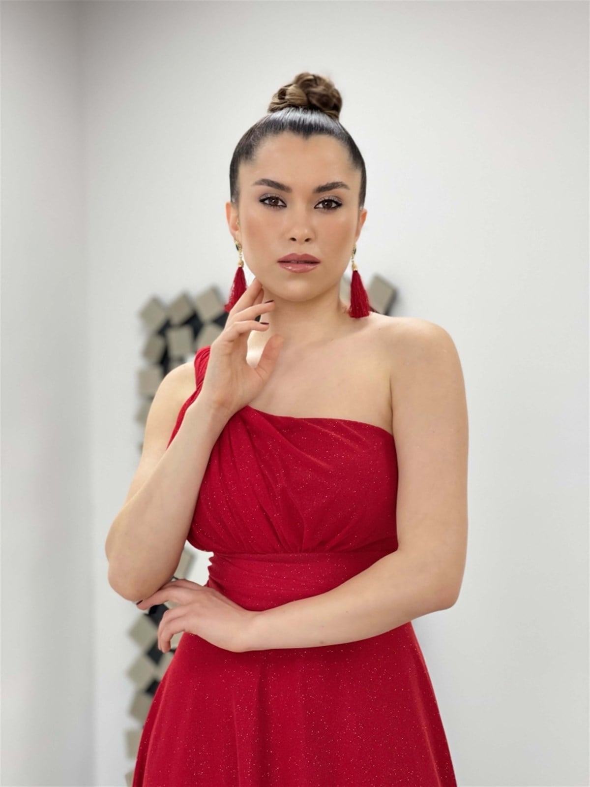 One Shoulder Silvery Tulle Dress - Red
