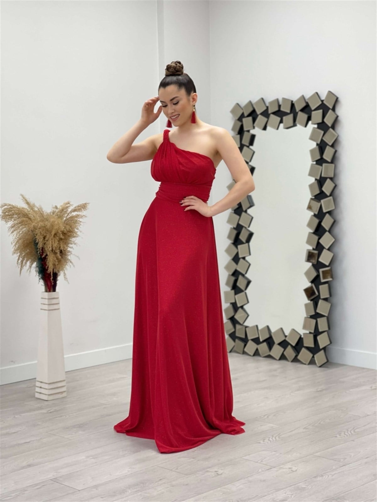 One Shoulder Silvery Tulle Dress - Red