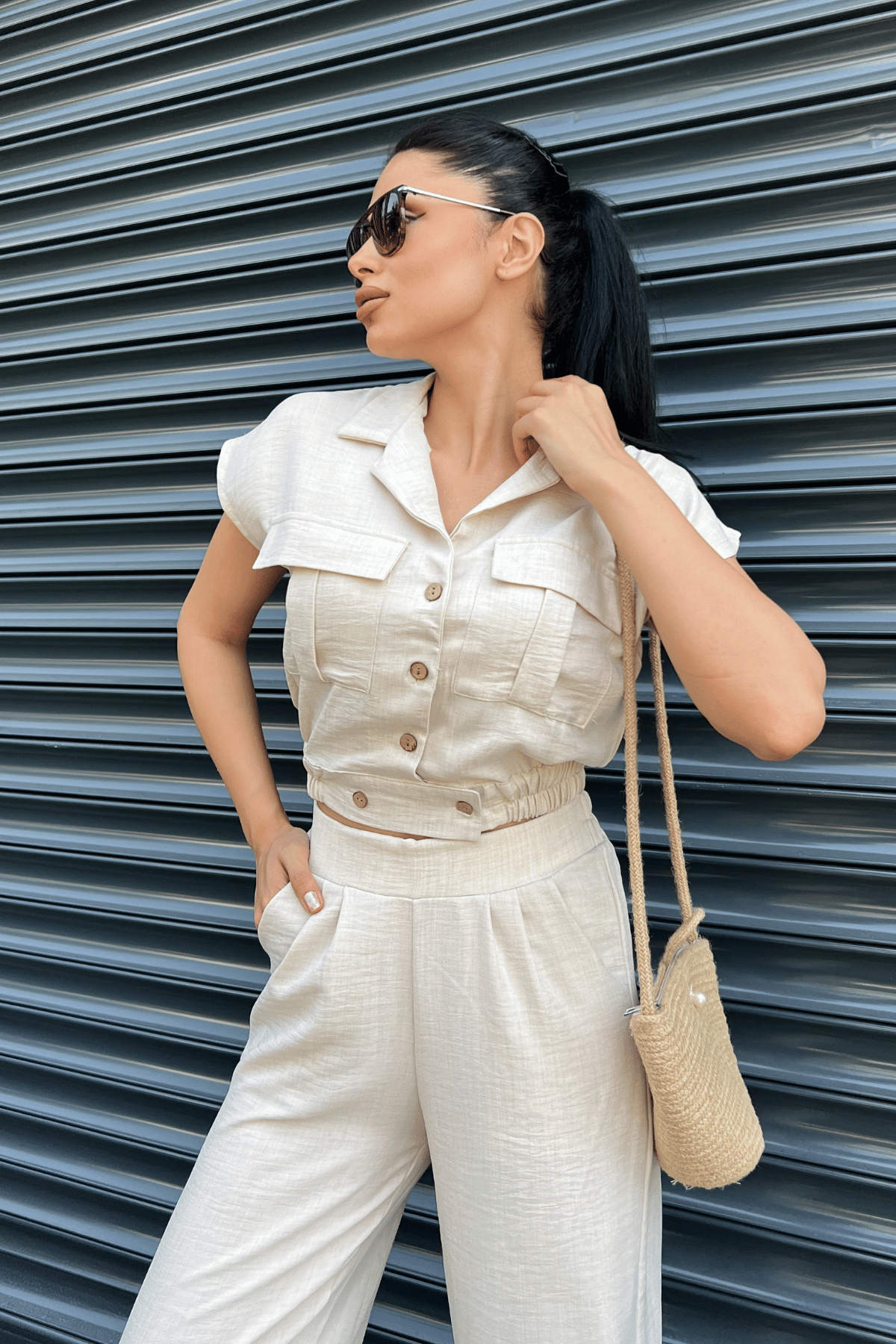 Tensel Keten Kumas Pantolon Crop Takım  - KREM