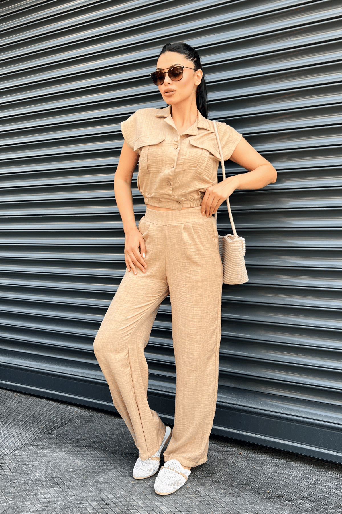 Tensel Keten Kumas Pantolon Crop Takım  - KAHVERENGİ