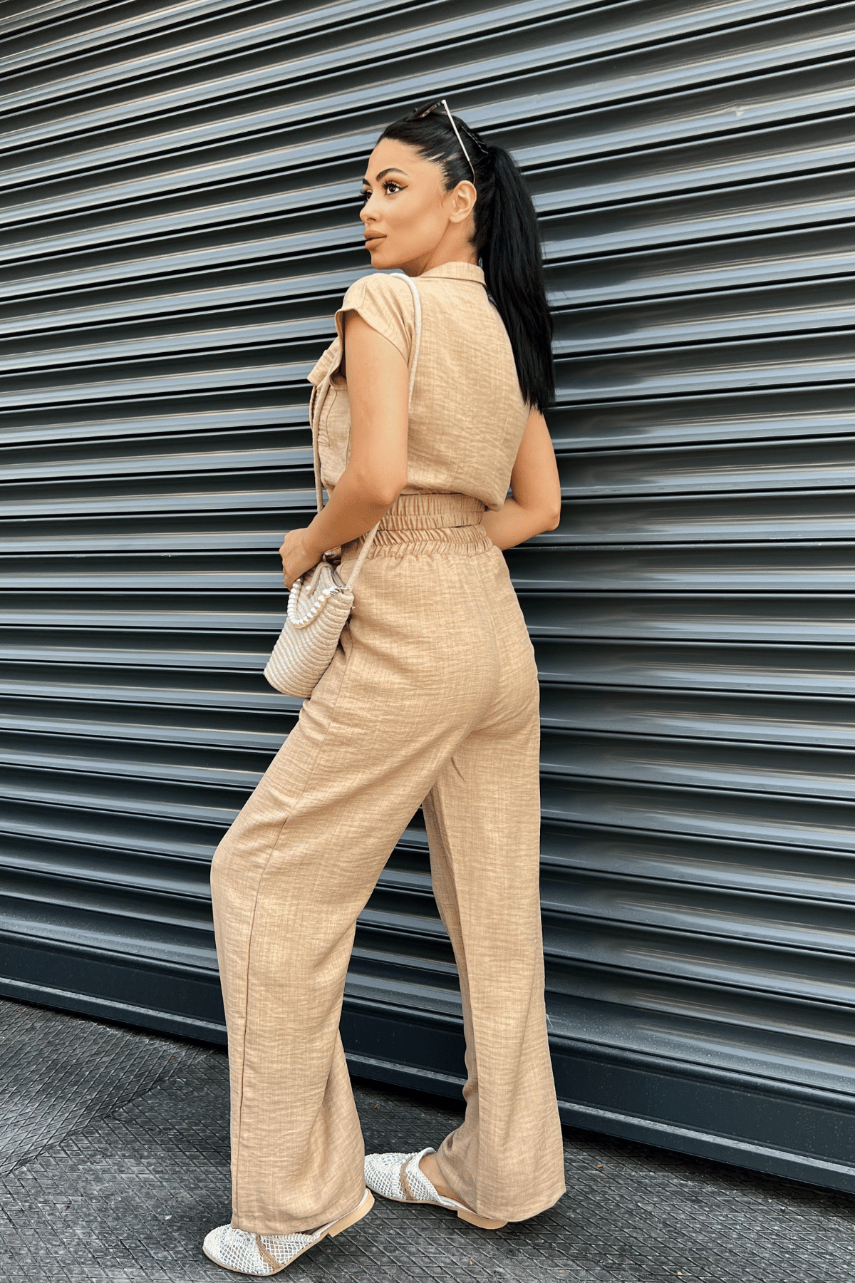 Tensel Keten Kumas Pantolon Crop Takım  - KAHVERENGİ