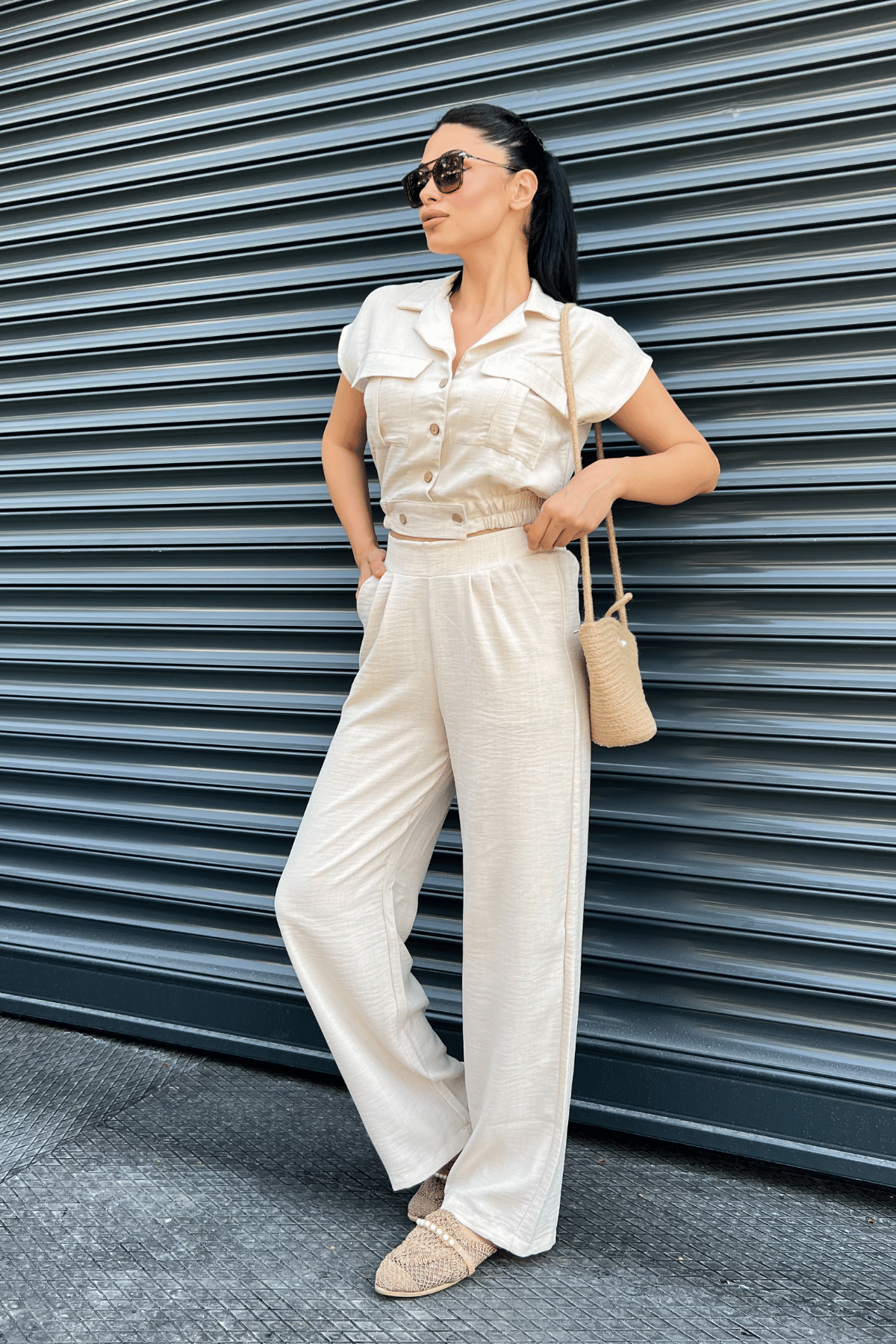Tensel Keten Kumas Pantolon Crop Takım  - KREM