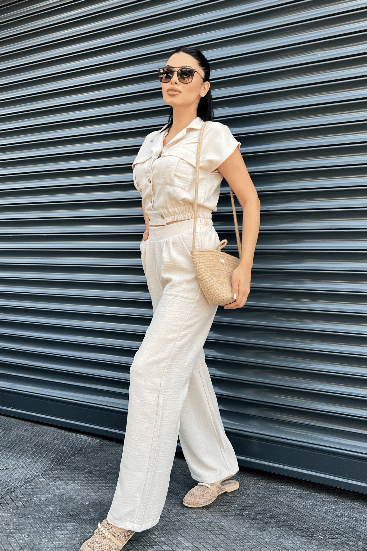 Tensel Keten Kumas Pantolon Crop Takım  - KREM