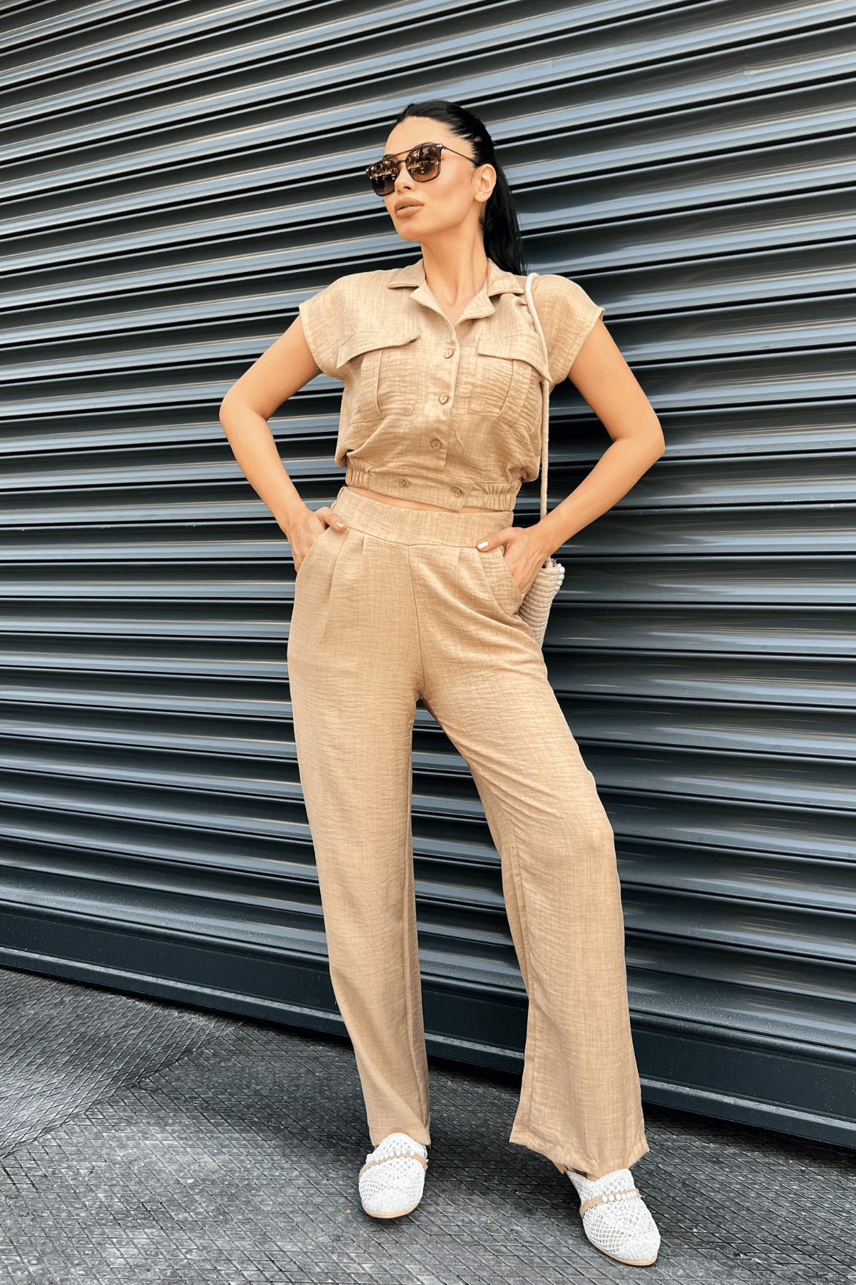 Tensel Keten Kumas Pantolon Crop Takım  - KAHVERENGİ