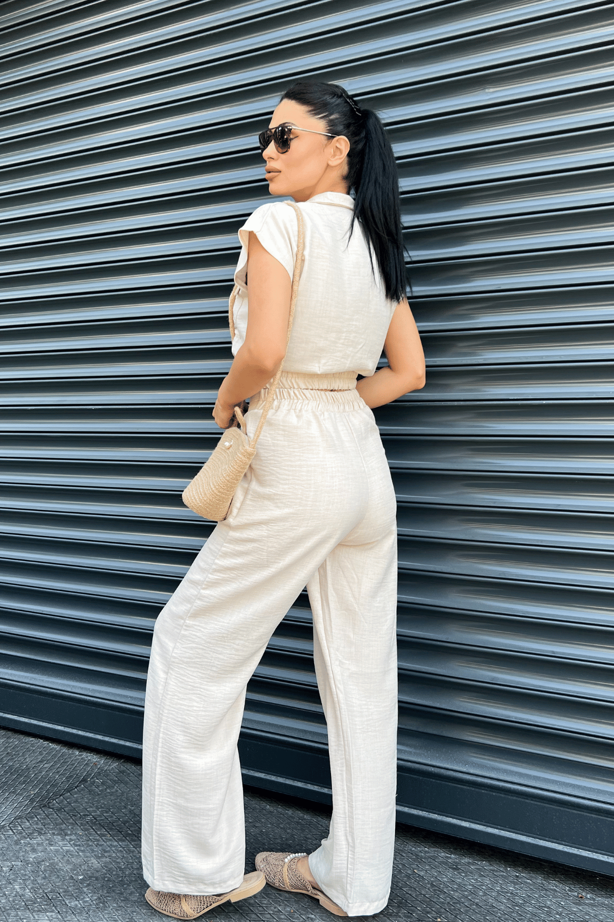 Tensel Keten Kumas Pantolon Crop Takım  - KREM