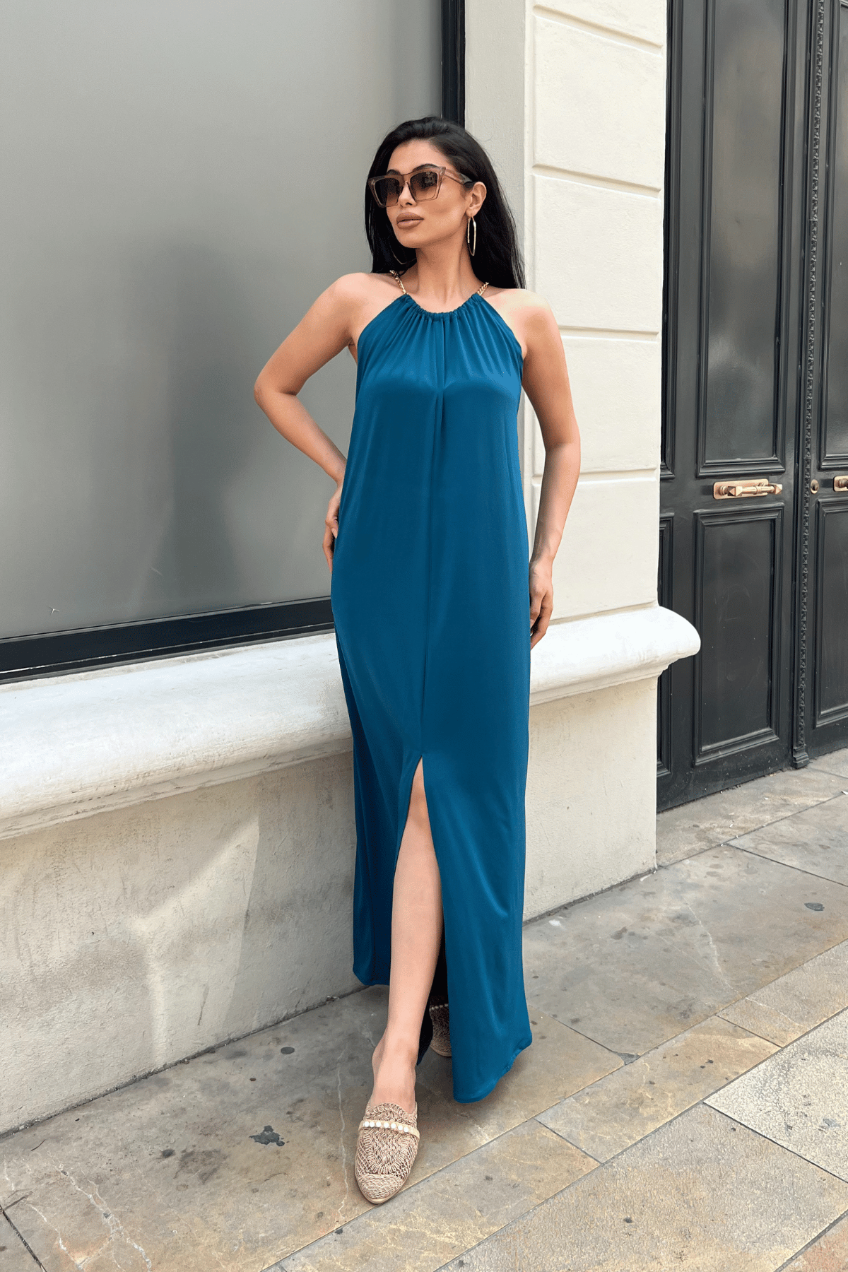 Tiril Jarse Kumaş Zincir Detaylı Elbise - İNDİGO