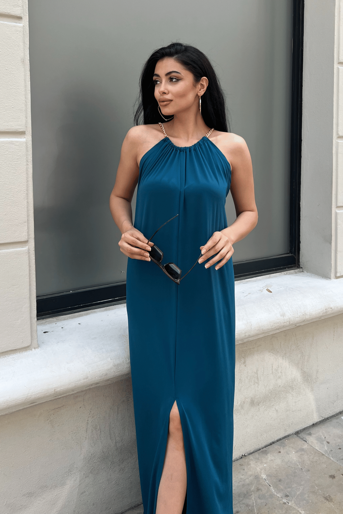 Tiril Jarse Kumaş Zincir Detaylı Elbise - İNDİGO