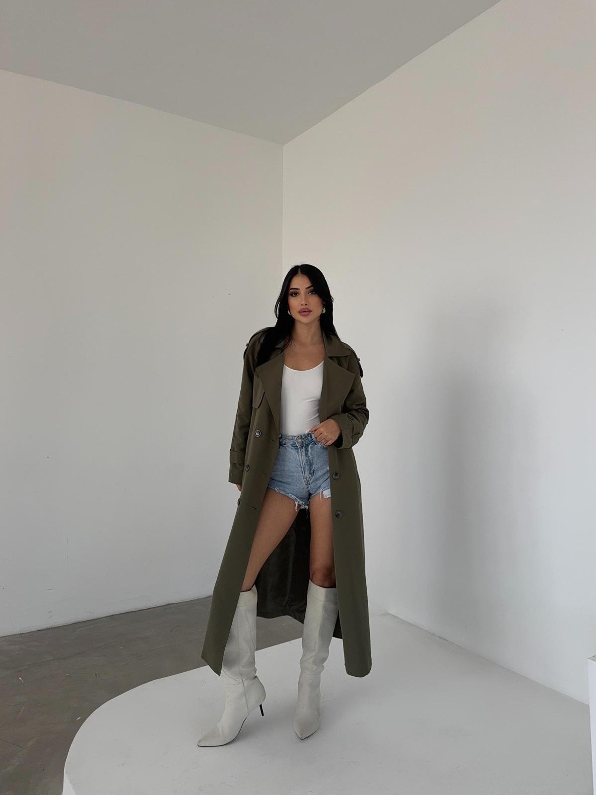 Torino Kumaş Önü Düğmeli Trençkot - HAKİ YEŞİLİ