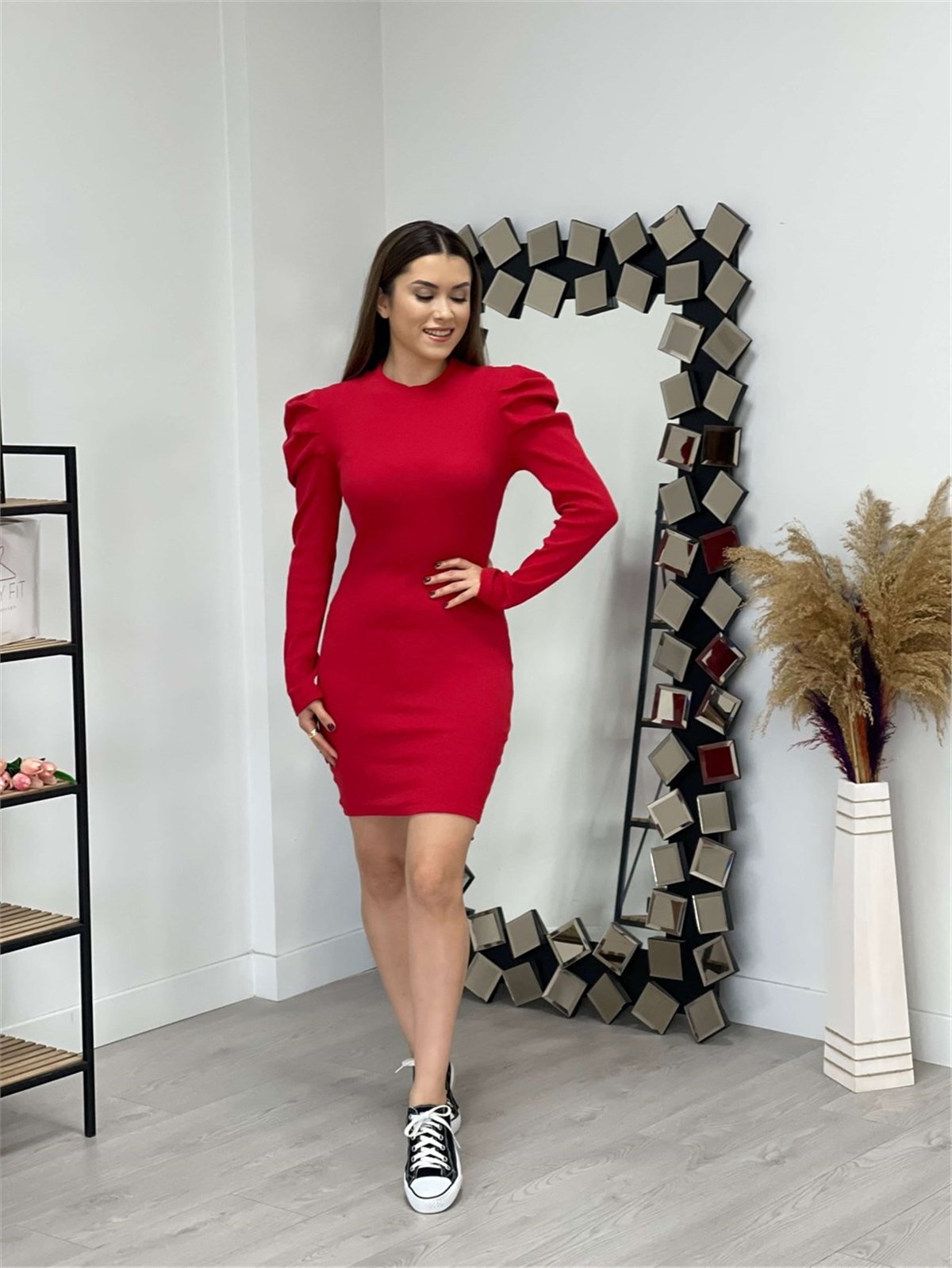 Triko Omuza Detaylı Elbise - Kırmızı