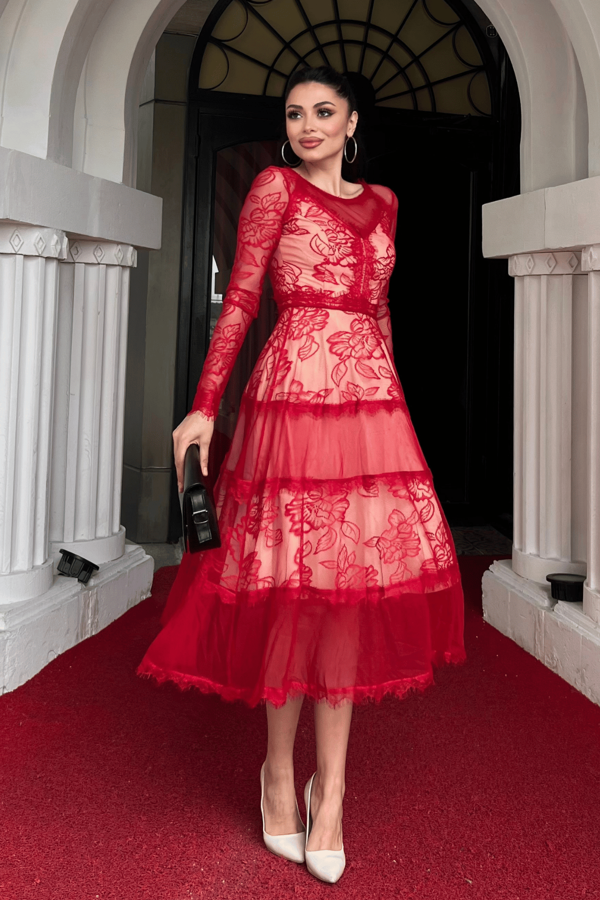 Tül Dantel Midi Boy Abiye Elbise - KIRMIZI