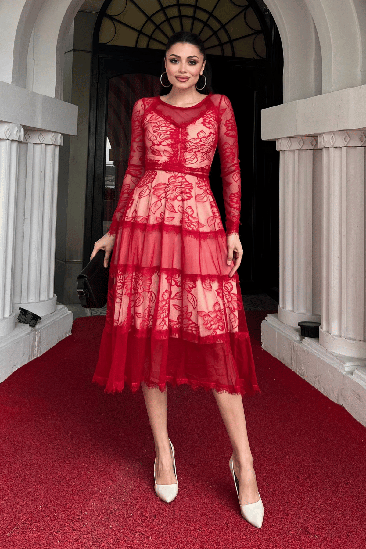 Tül Dantel Midi Boy Abiye Elbise - KIRMIZI