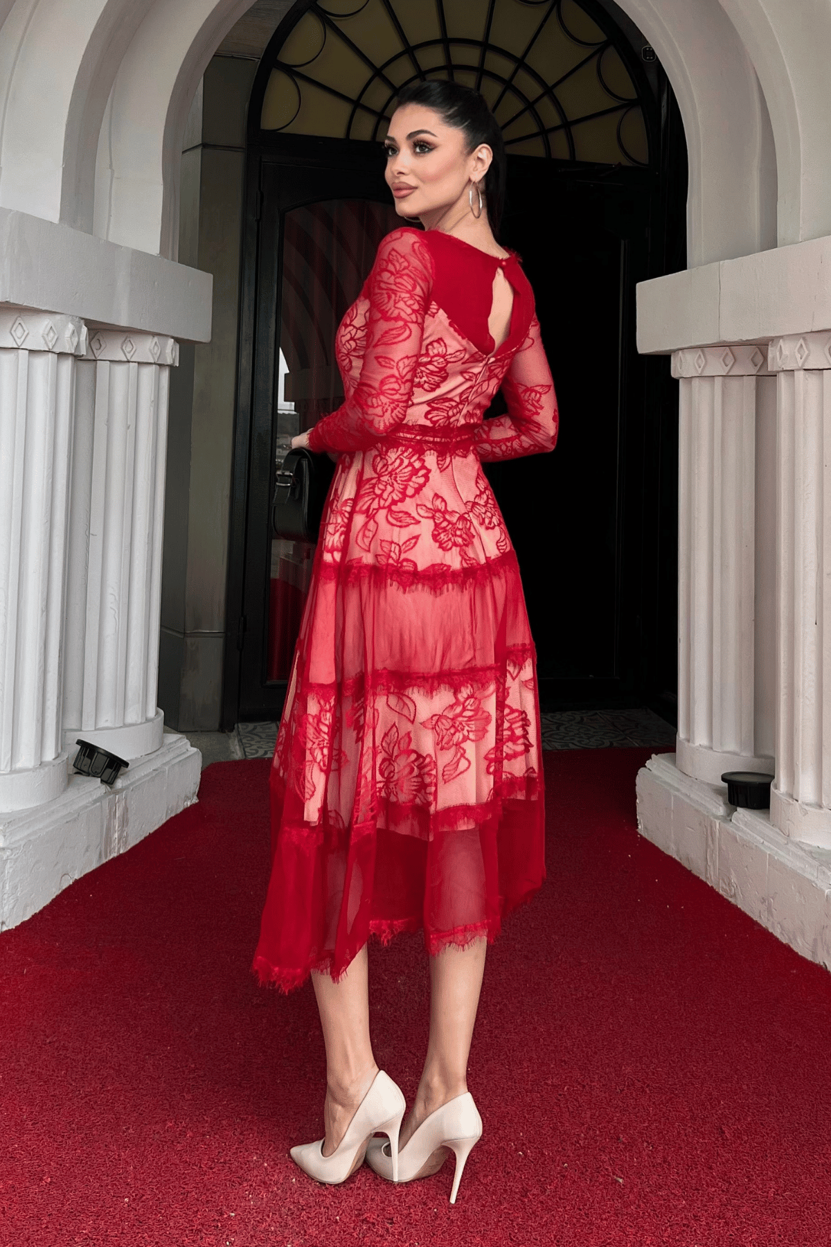 Tül Dantel Midi Boy Abiye Elbise - KIRMIZI