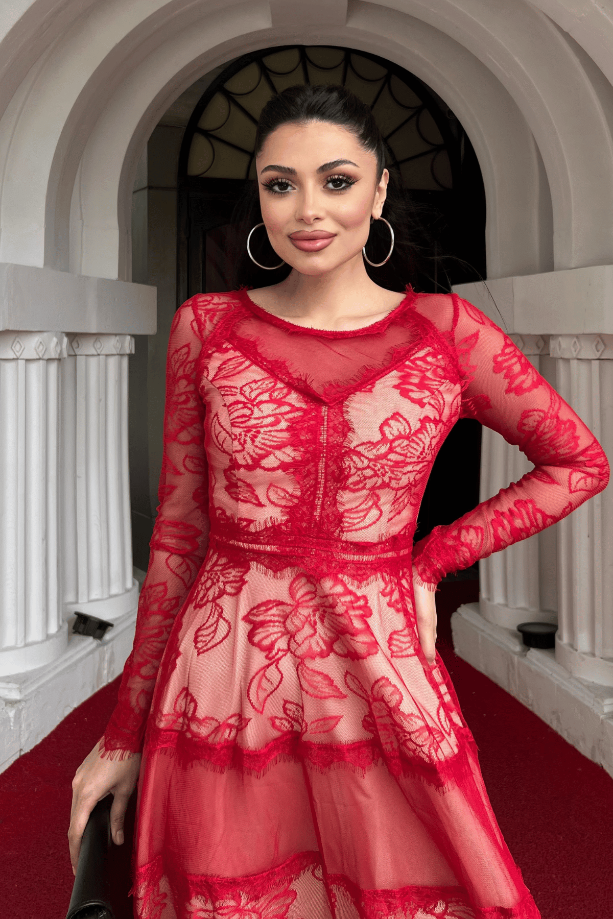 Tül Dantel Midi Boy Abiye Elbise - KIRMIZI