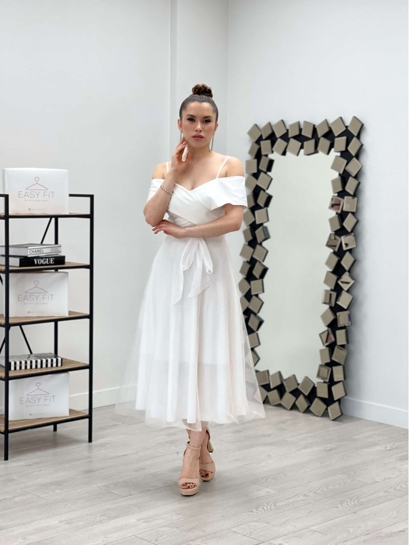 Tül Kumaş Askılı Midi Elbise - BEYAZ