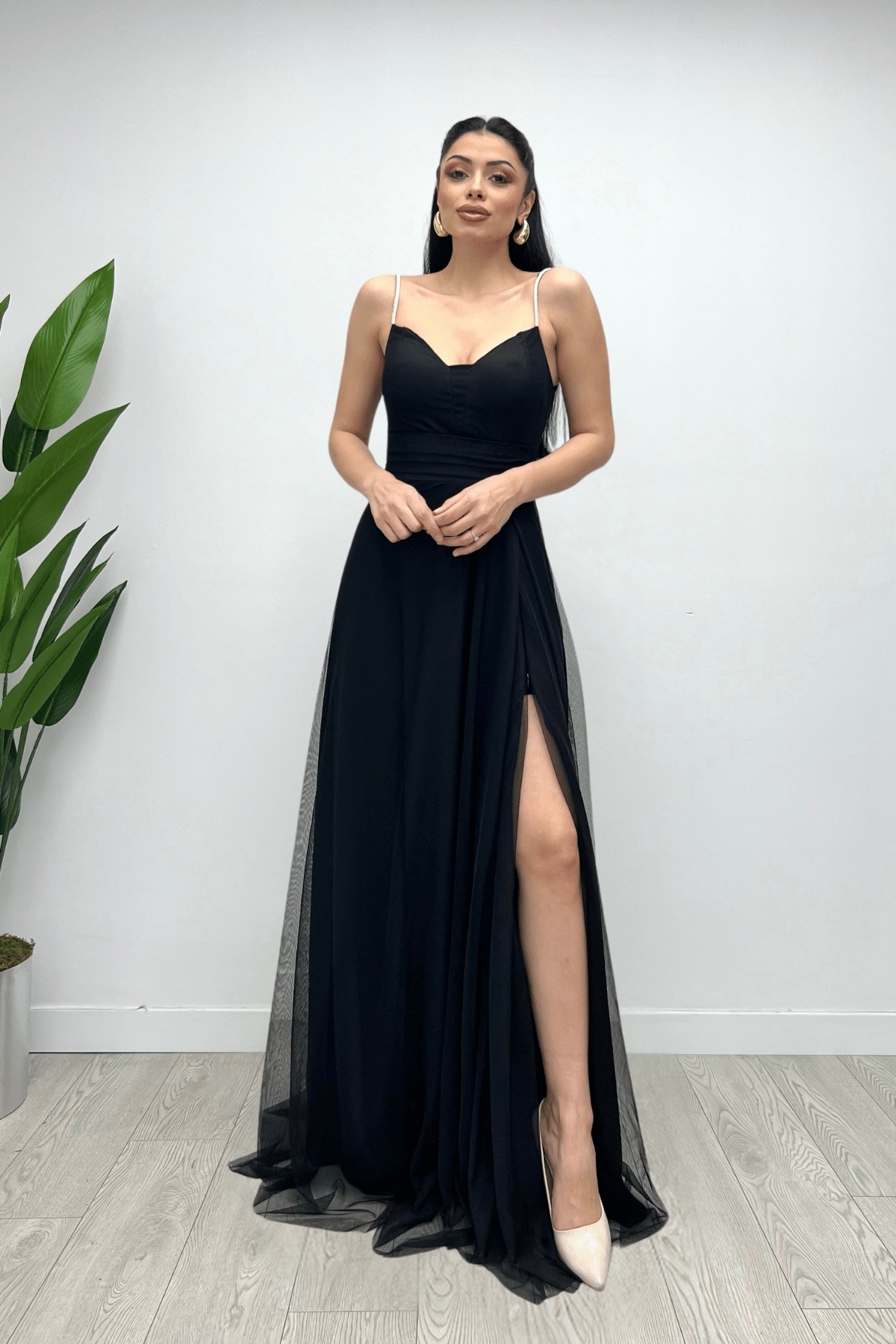 Tül Kumaş Askılı Payet Maxi Elbise - SİYAH