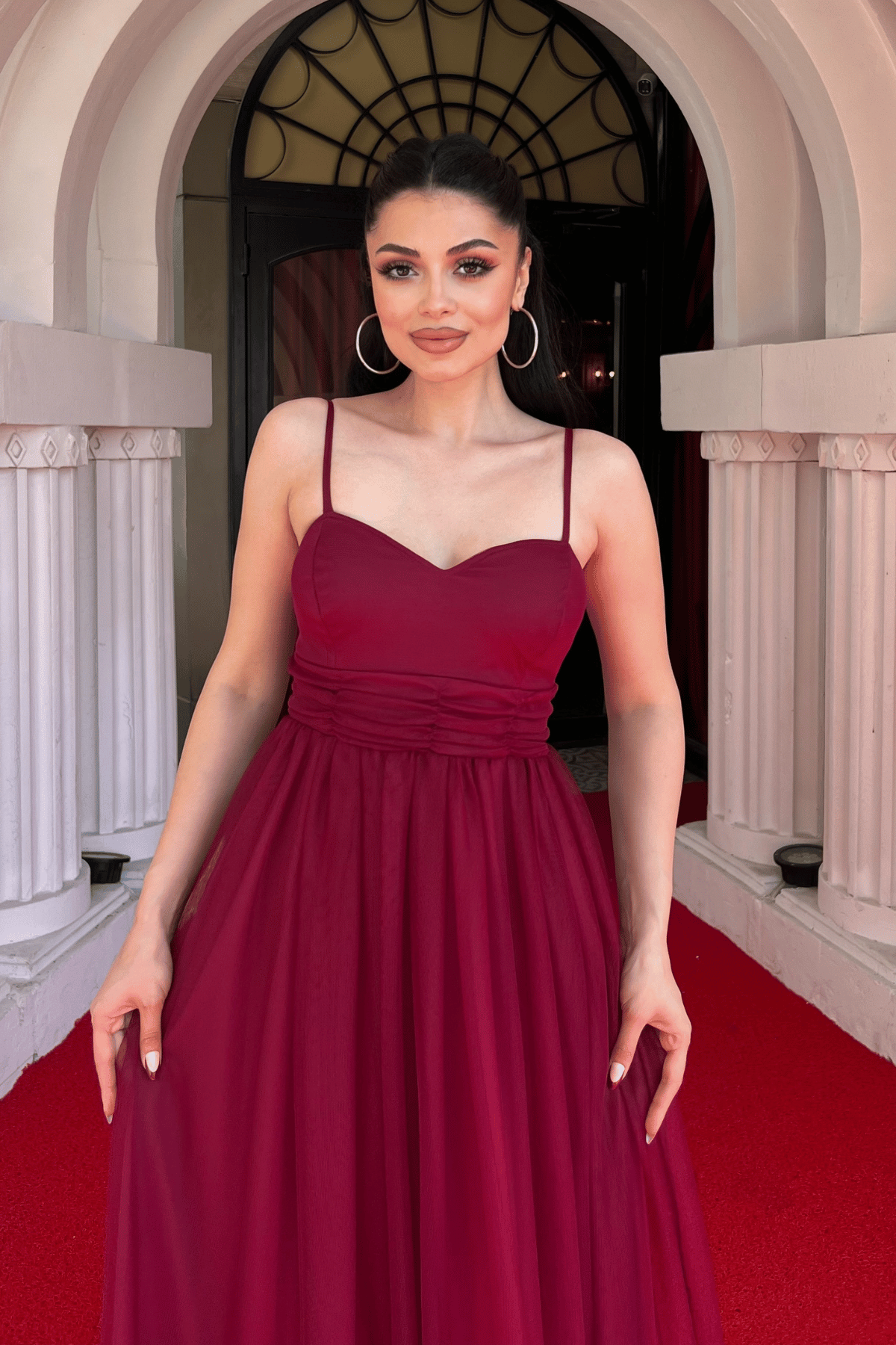 Tül Kumaş Büzgü Detaylı Elbise - BORDO