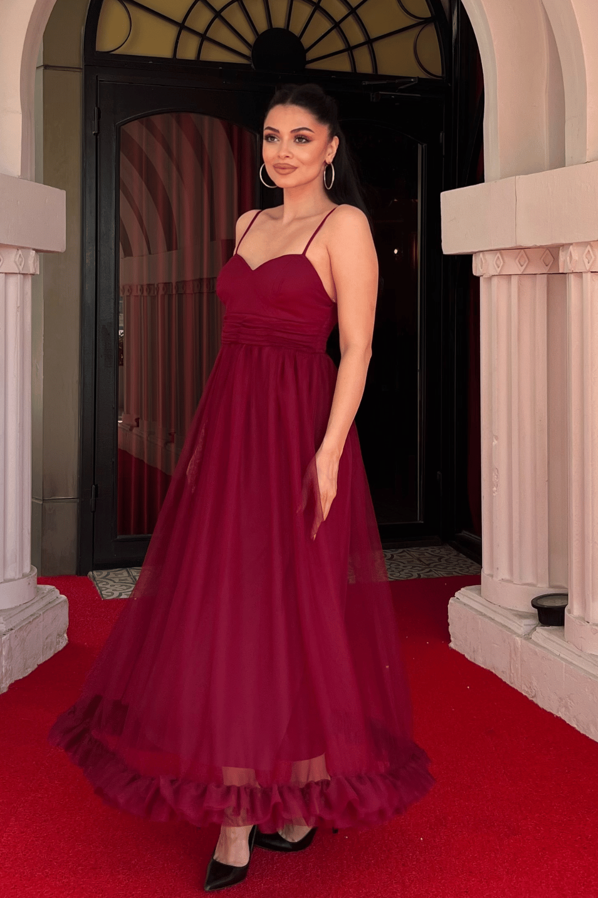 Tül Kumaş Büzgü Detaylı Elbise - BORDO