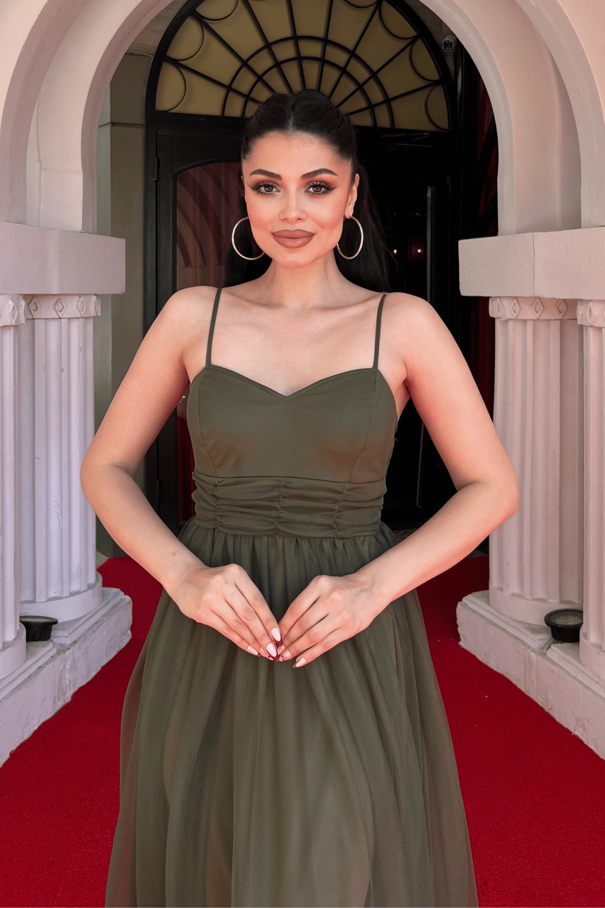 Tül Kumaş Büzgü Detaylı Elbise - HAKİ YEŞİLİ