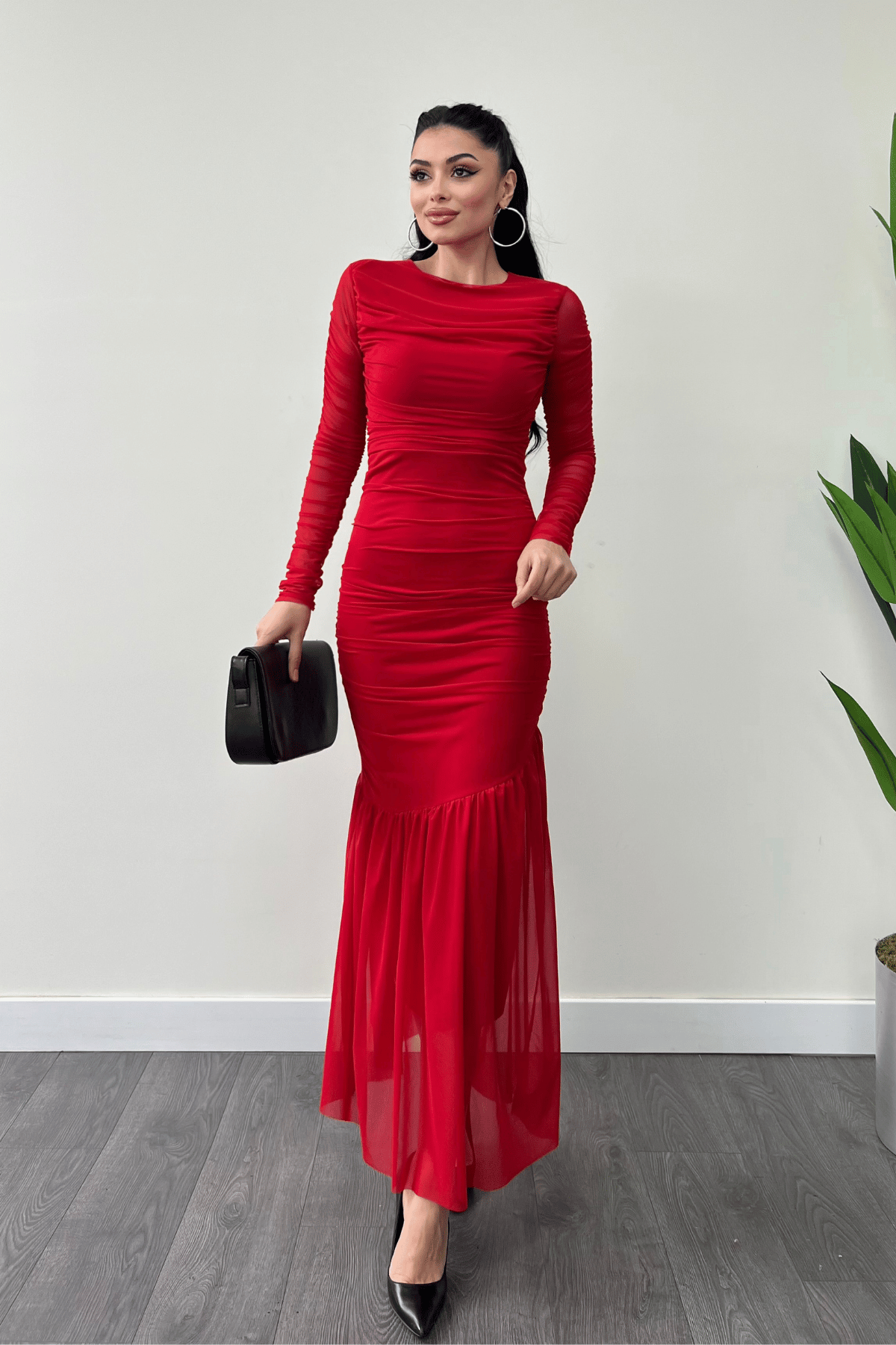 Tül Kumaş Büzgü Detaylı Kalem Elbise - KIRMIZI