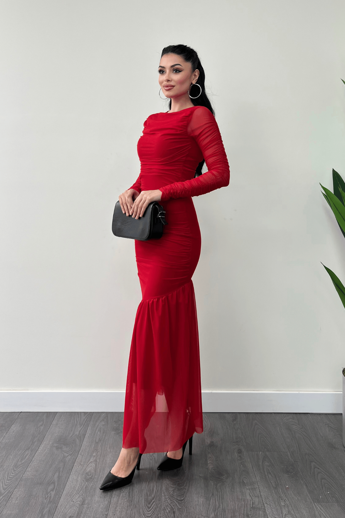 Tül Kumaş Büzgü Detaylı Kalem Elbise - KIRMIZI