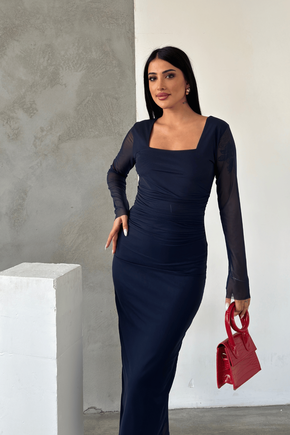 Tül Kumaş Büzgü Detaylı Kalem Elbise - LACİVERT