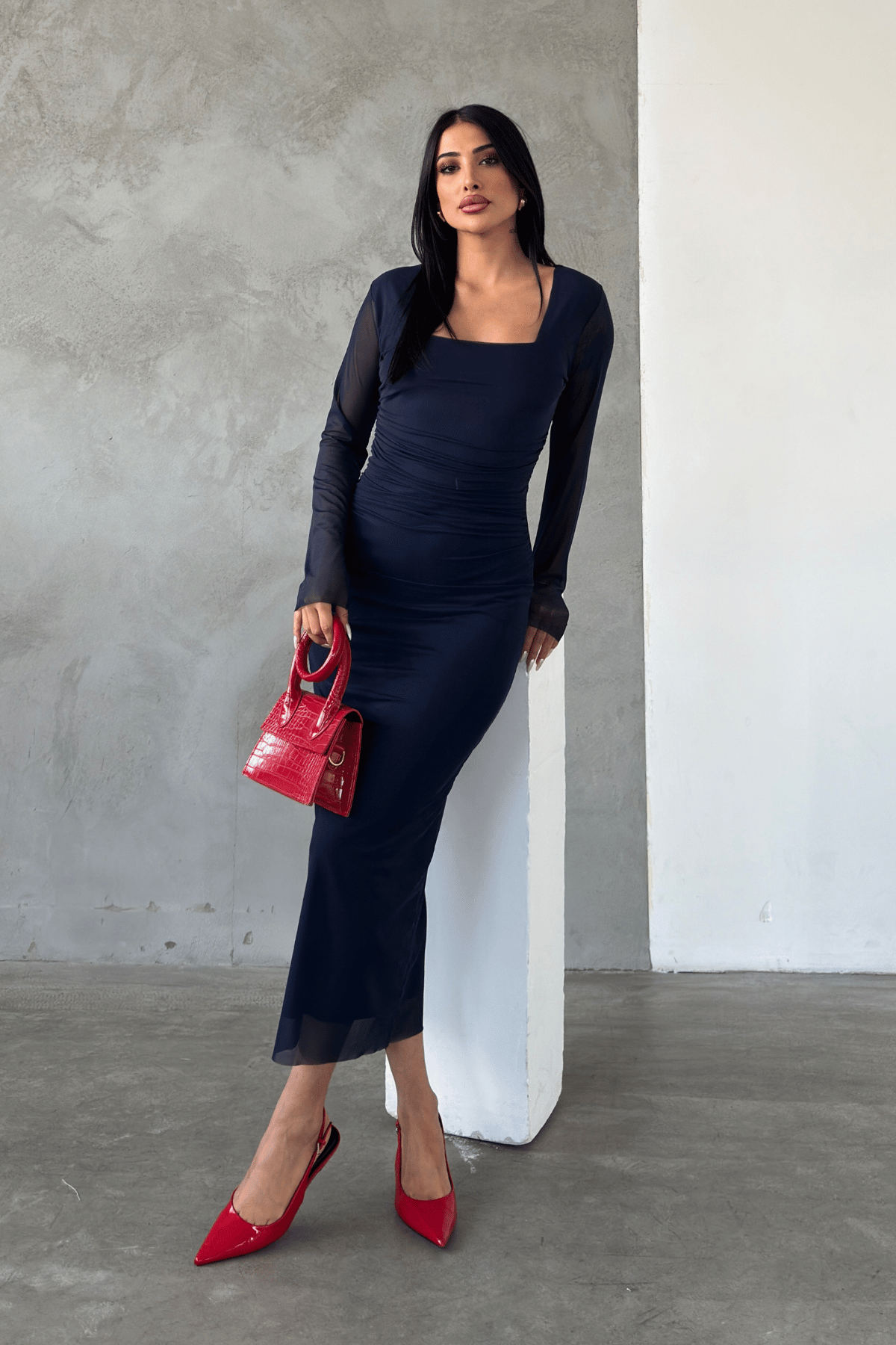 Tül Kumaş Büzgü Detaylı Kalem Elbise - LACİVERT