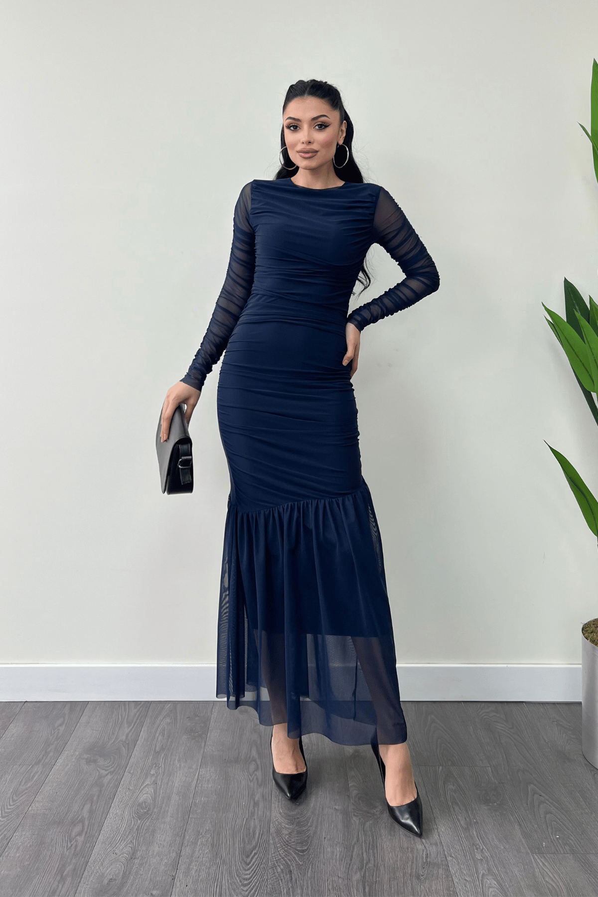 Tül Kumaş Büzgü Detaylı Kalem Elbise - LACİVERT