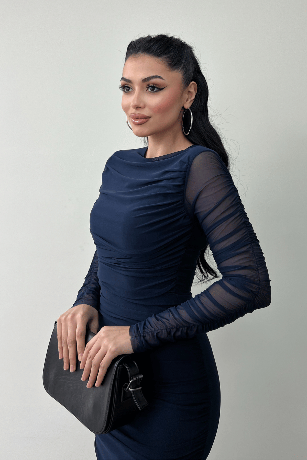 Tül Kumaş Büzgü Detaylı Kalem Elbise - LACİVERT