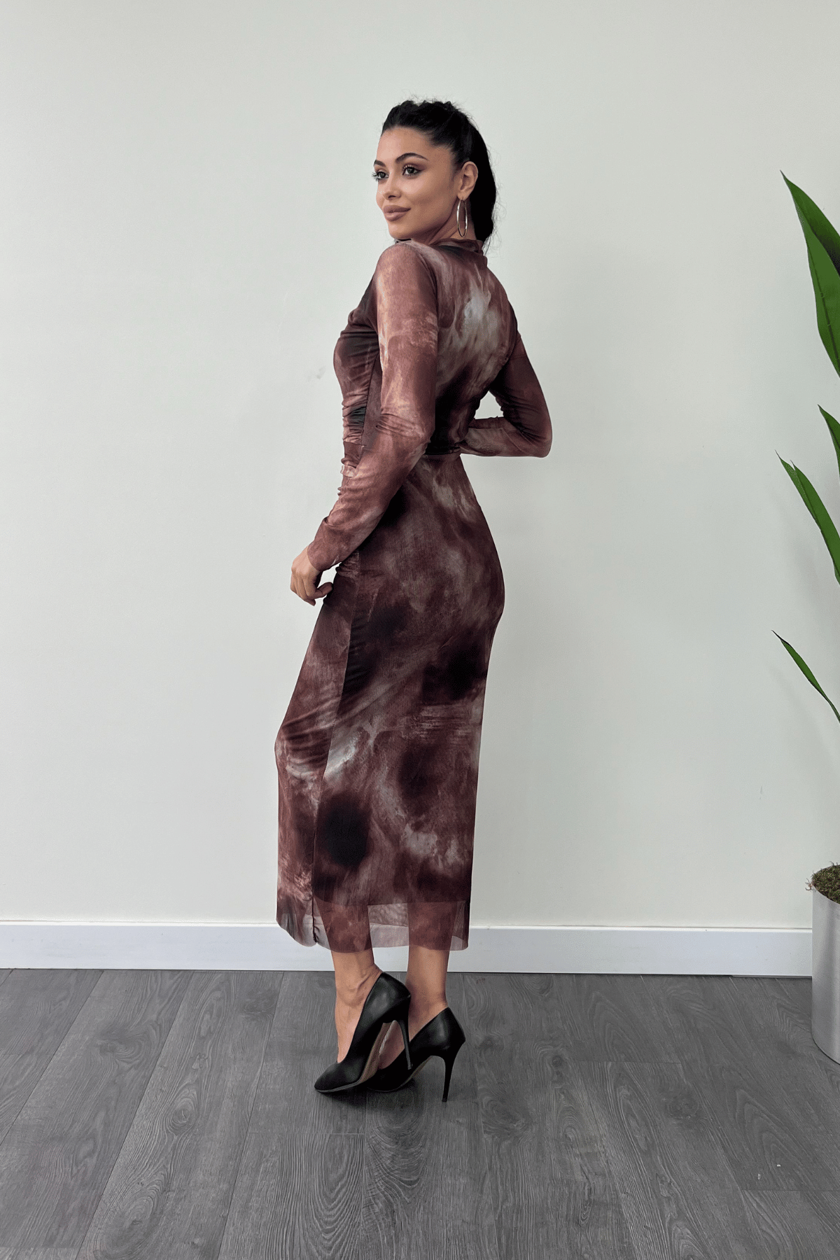 Tül Kumaş Drape Detaylı Kalem Elbise - BORDO