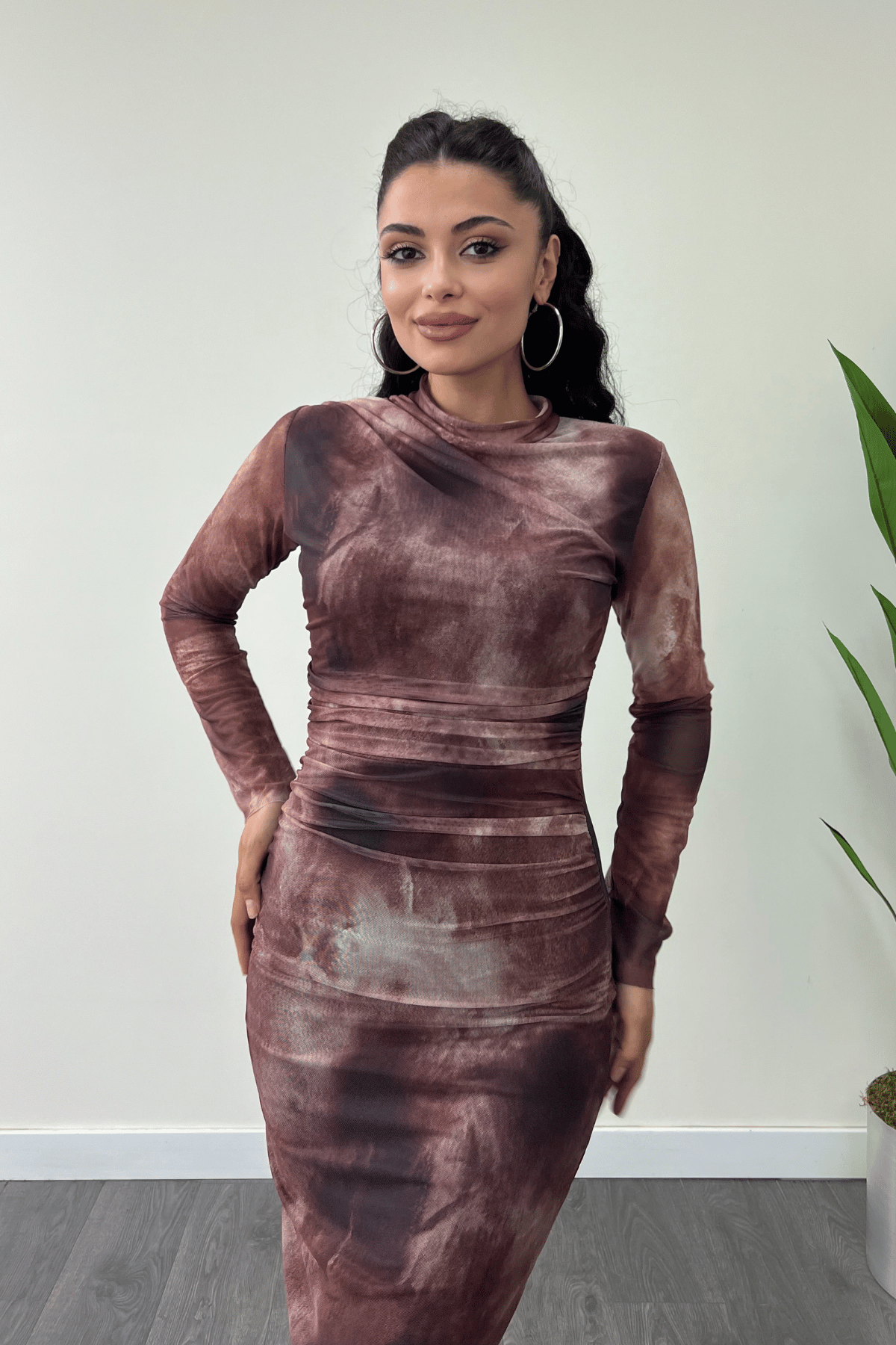 Tül Kumaş Drape Detaylı Kalem Elbise - BORDO