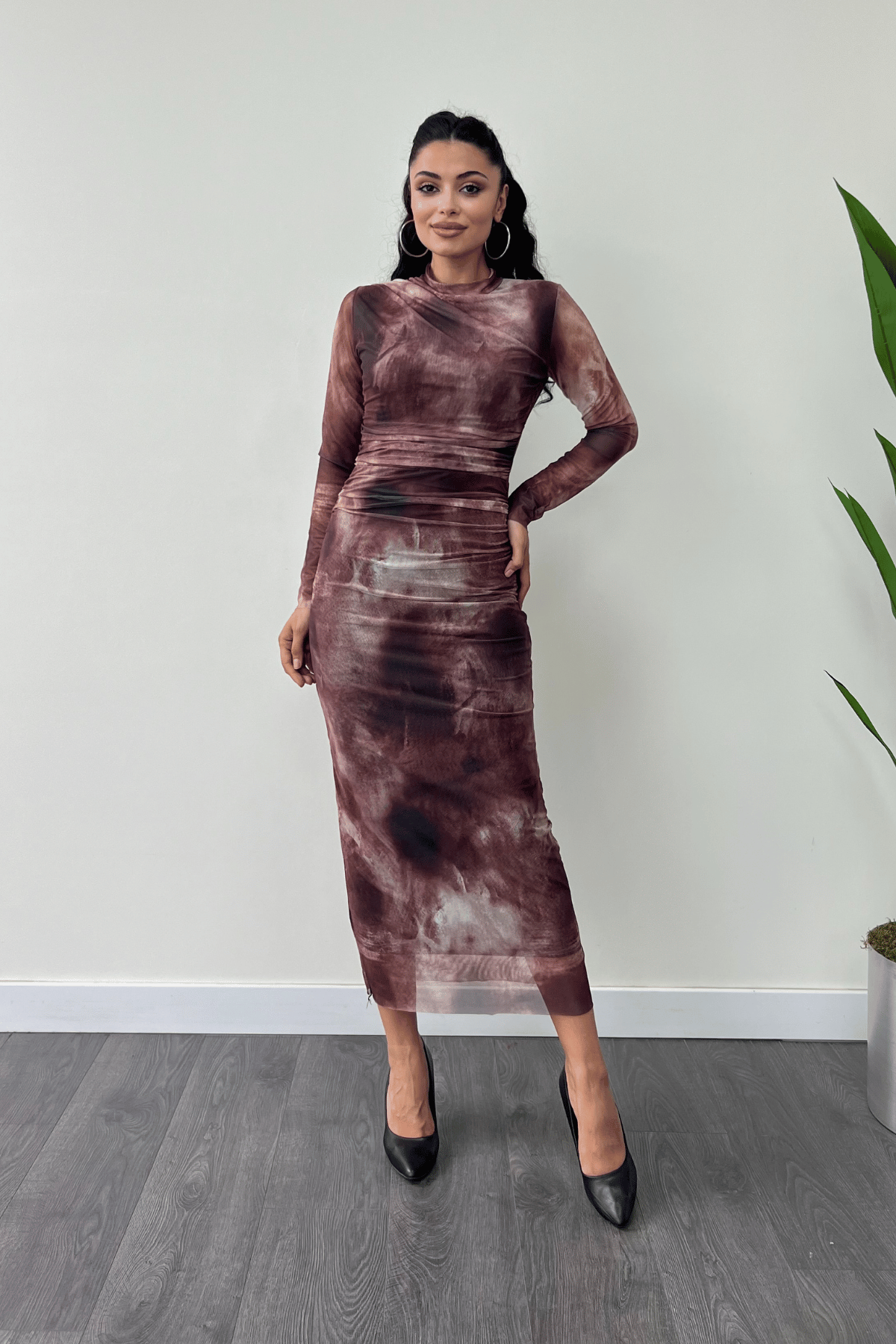 Tül Kumaş Drape Detaylı Kalem Elbise - BORDO