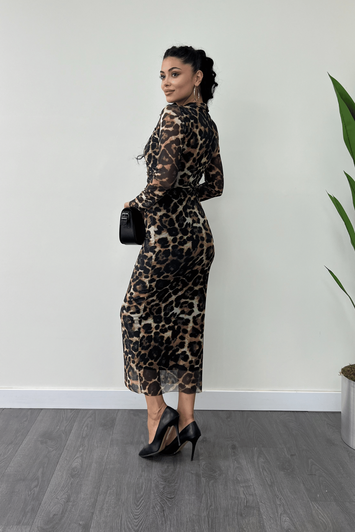 Tül Kumaş Drape Detaylı Kalem Elbise - LEOPAR