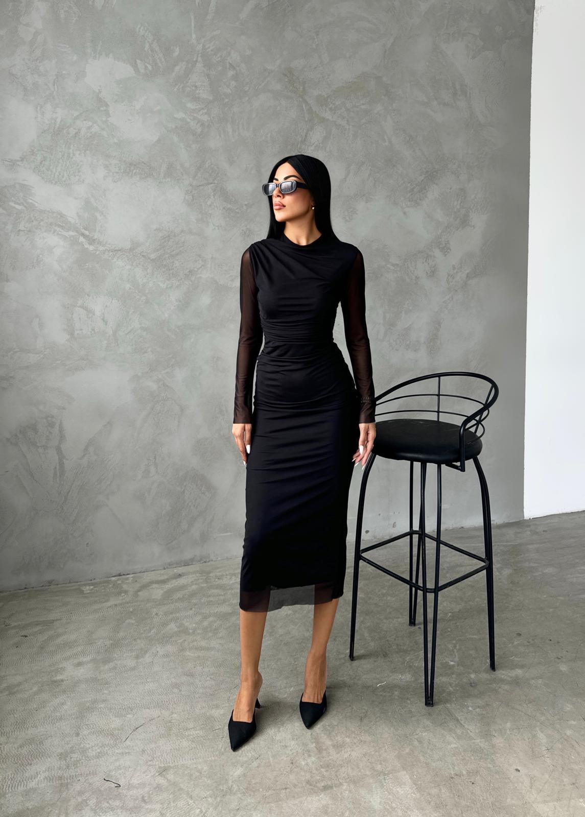 Tül Kumaş Drape Detaylı Kalem Elbise - SİYAH