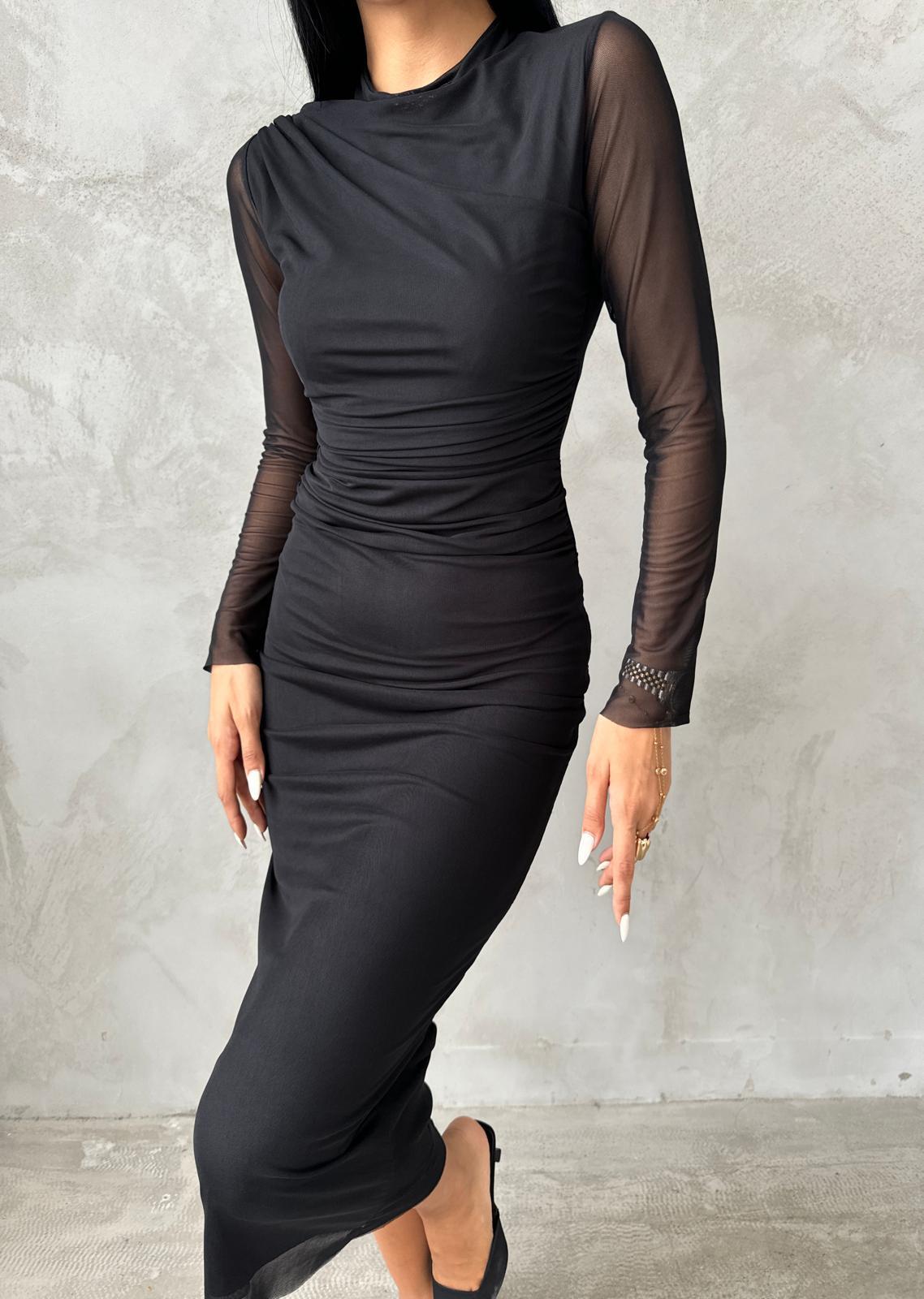 Tül Kumaş Drape Detaylı Kalem Elbise - SİYAH