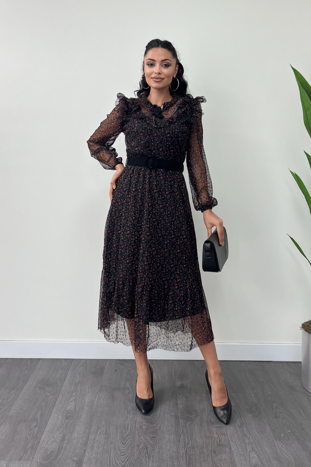 Tül Kumaş Flog Baskı Çiçekli Midi Elbise - SİYAH