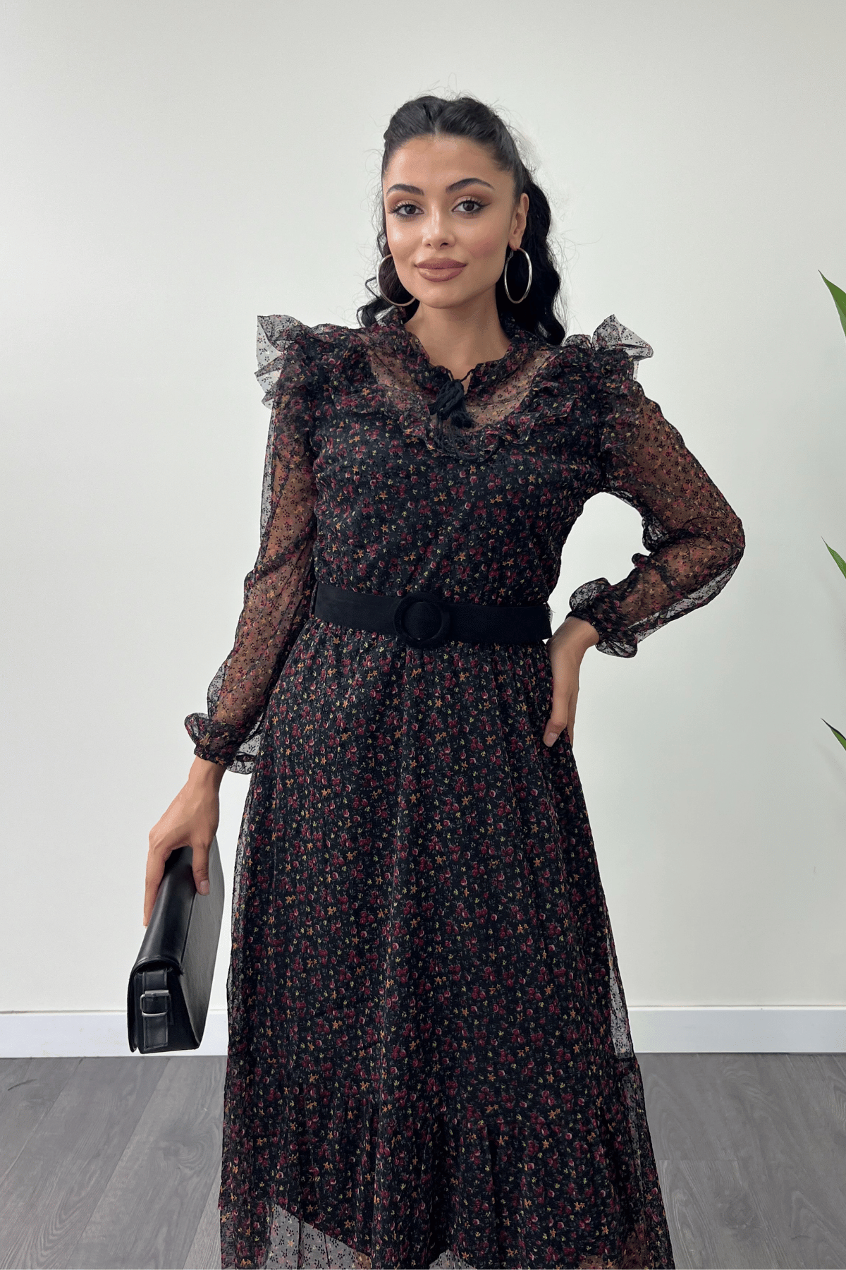 Tül Kumaş Flog Baskı Çiçekli Midi Elbise - SİYAH