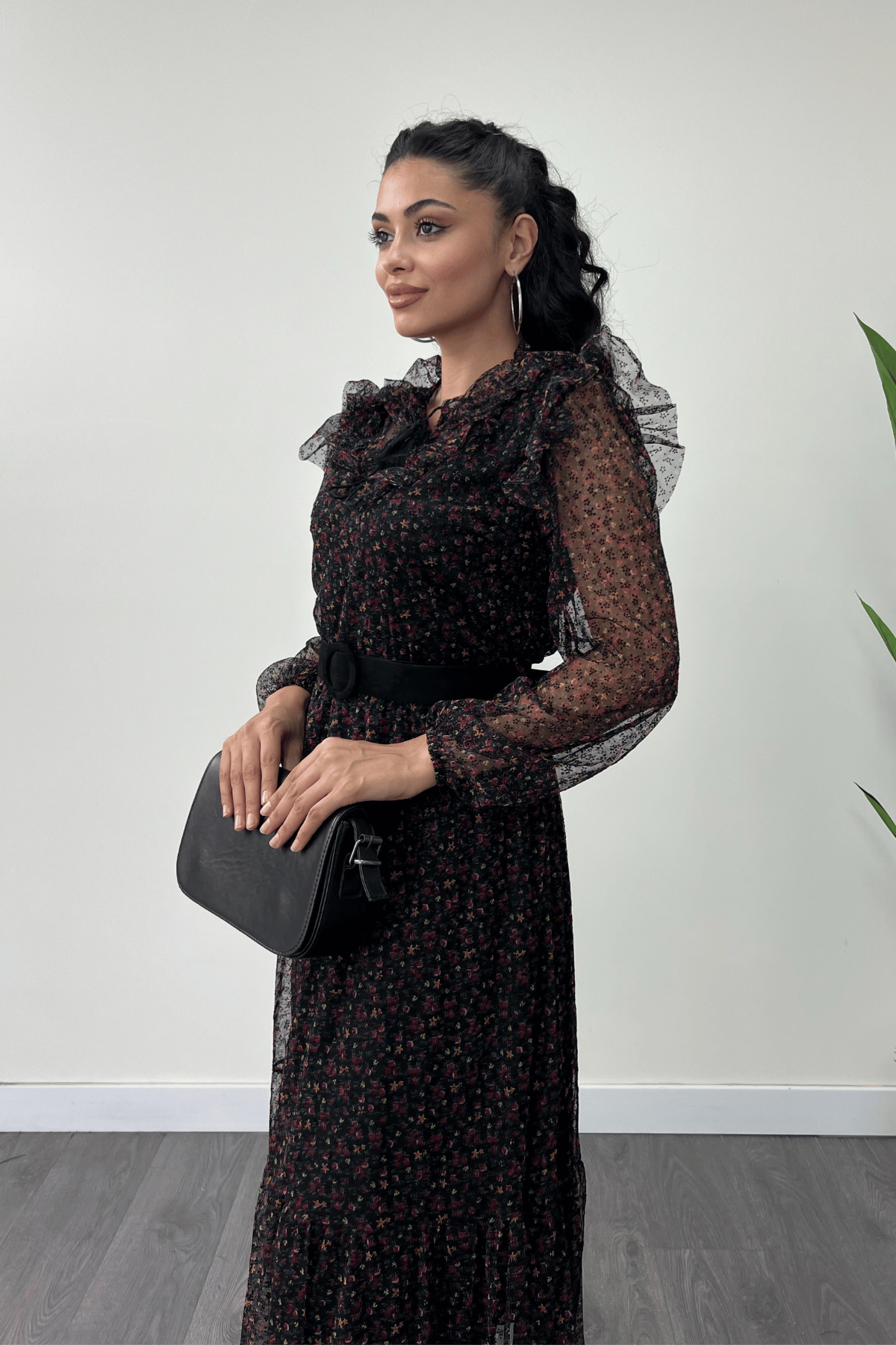 Tül Kumaş Flog Baskı Çiçekli Midi Elbise - SİYAH